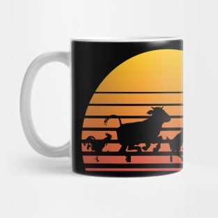 Retro Sunset Dancing Animals Chicken Cow Goat Dog and Cat Mug